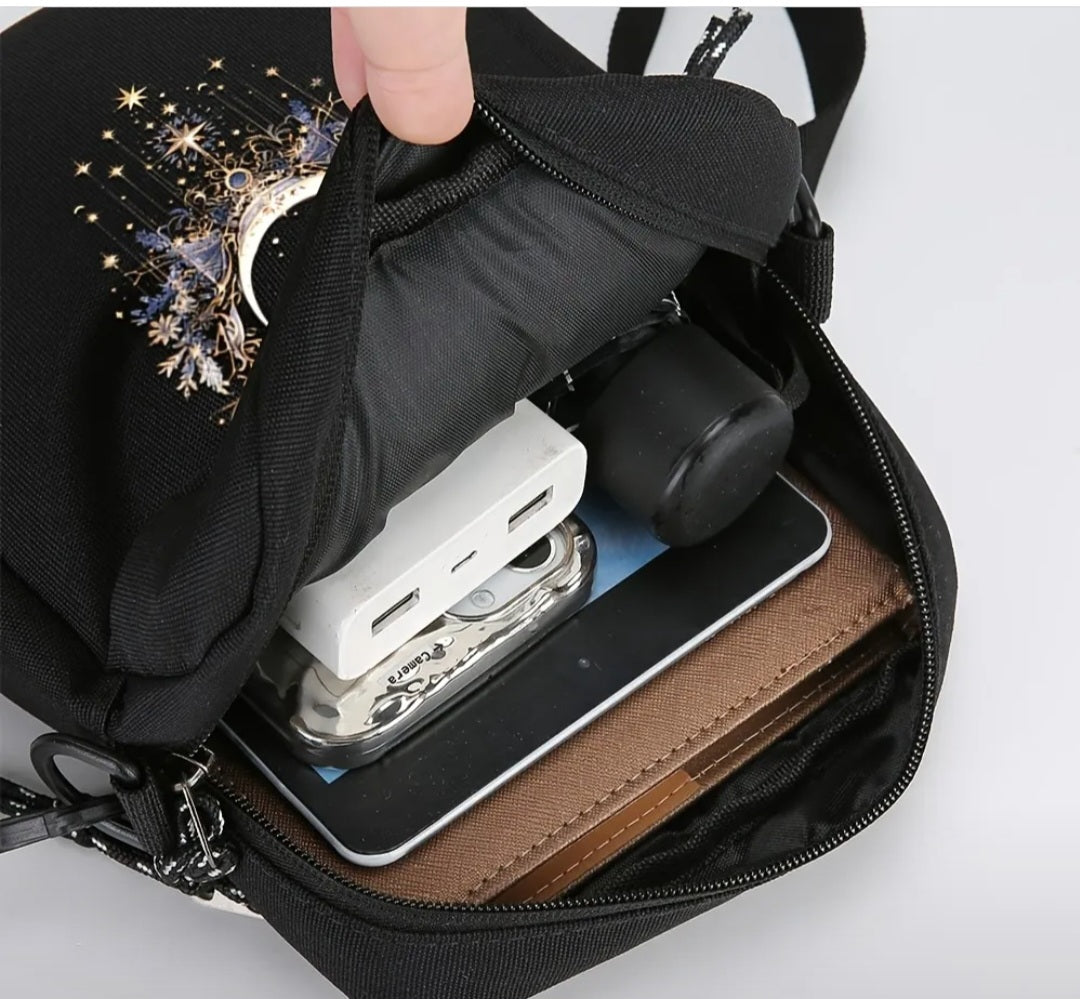 Large Capacity Oxford Crossbody Bag with Moon and Star Design Great for Book Lovers and Kindle Users
