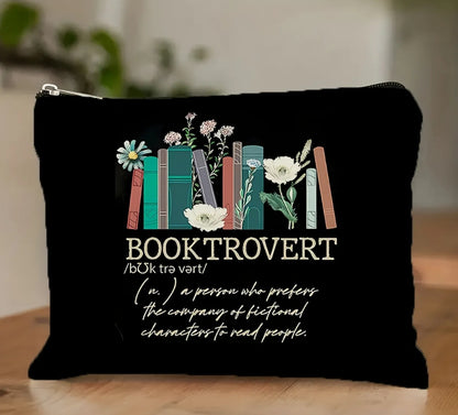 Booktrovert Double Sided Makeup Bag - Black with Floral and Book Design for Book Lovers