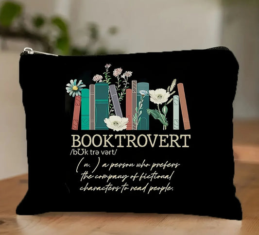 Booktrovert Double Sided Makeup Bag - Black with Floral and Book Design for Book Lovers