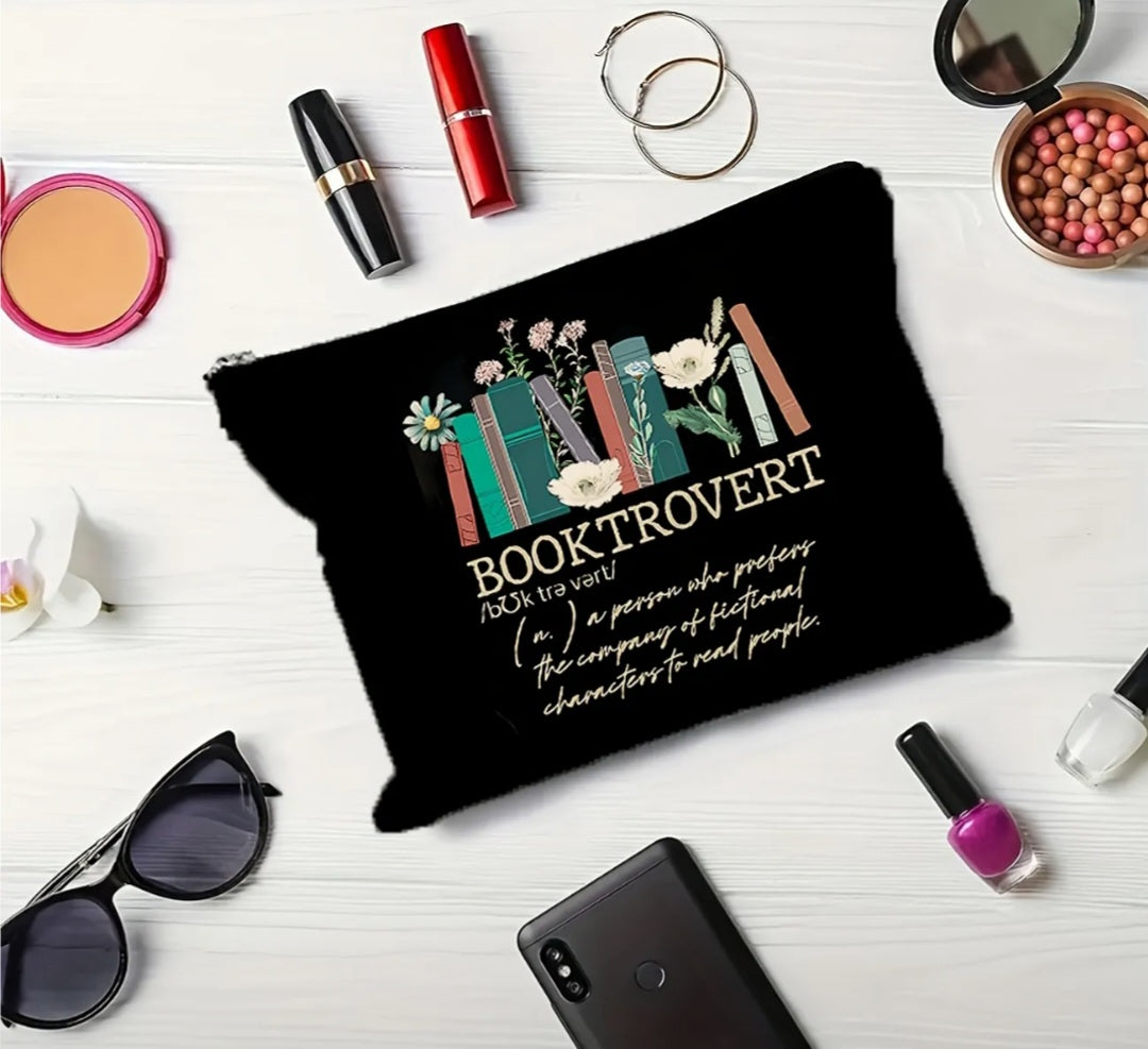 Booktrovert Double Sided Makeup Bag - Black with Floral and Book Design for Book Lovers