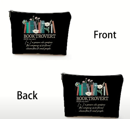 Booktrovert Double Sided Makeup Bag - Black with Floral and Book Design for Book Lovers