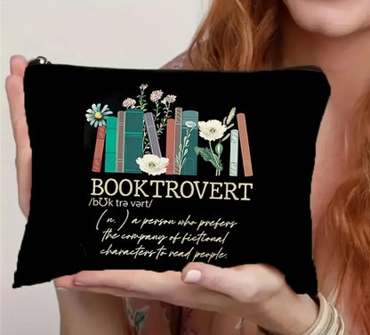 Booktrovert Double Sided Makeup Bag - Black with Floral and Book Design for Book Lovers
